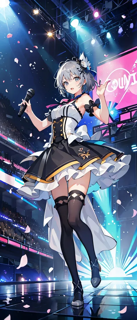 (muste piece), (best quality), very detailed, ((1 girl)), solo full body shot，Viewer&#39;s perspective，dynamic，jump，(smile)，wink，perfect face, beautiful face, very detailedな顔，((gray hair short hair_Gray eyes:1.3))，Gorgeous idol costumes，ruffle skirt，solo i...