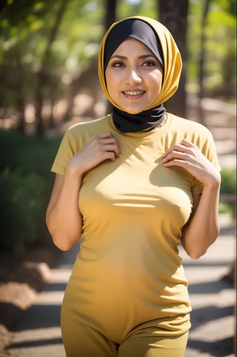 SAGGY GIGANTIC BREASTS (HIJAB) (Aunt Kalsom Malaysia Milf) is 82 years old, fat, naked and running in the forest (YELLOW T-SHIRT) Preggy