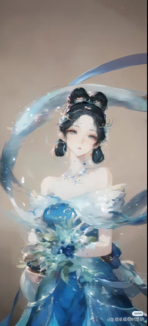 there is a woman in a blue dress holding a ribbon, complex and gorgeous anime cgi style, inspired by lan ying, gurwitz style art...