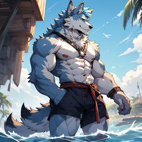 the only person，wolf head，wolf tail，male，lean build，sexy light blue ears，light blue hair，white belly，sky-blue pupils，hairy arms，...