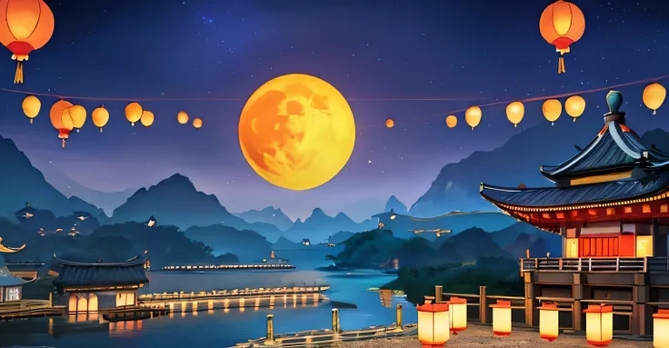 The moon hangs in the sky，There are many lanterns flying in the sky on the water, Game background, background artwork, background art, floating chinese satire, Mobile Game background, Kong Ming lantern in the sky, Chinese lantern, floating in the moonlight...