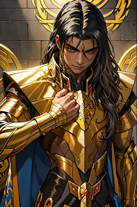 homem, masculino, golden armor, (((((cabelo preto))))), golden cloth, corpo inteiro, majestoso, imagem detalhada, luz perfeita, ...