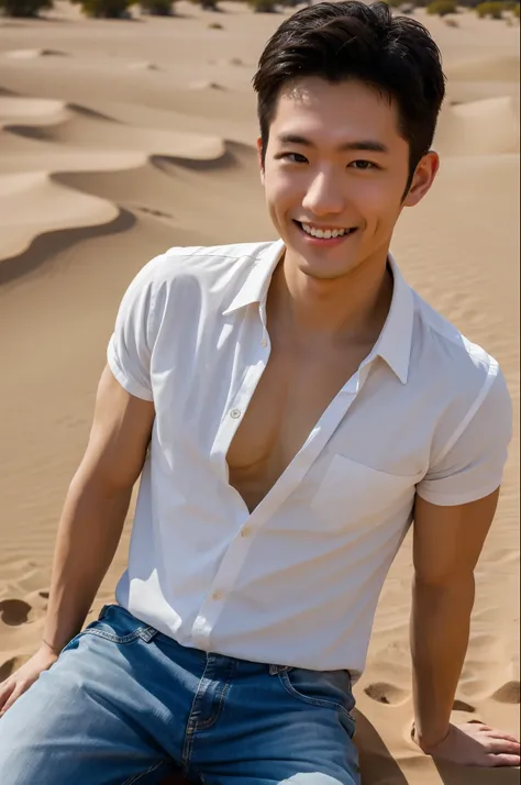 masterpiece, highest quality, 8K ultra-high resolution, Upper body、Digital single-lens reflex camera, 1 man, sitting in the desert、25 year old muscular man, bodice, smile 、peace