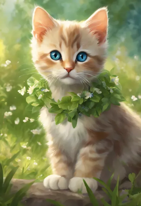 color style, digital art (cat character), official art, amount,master part, beautiful, ((watercolor)), ((kitten), adorable,可adorable、fluffy、Fresh green background、field、Wakaba、spring、Refreshing space、dramatic composition。 intricate details. very fine eyes,...