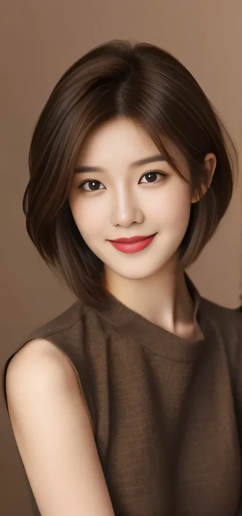 Arafed asian woman with a Short brown hair and a smile, chin length hair, Short to medium hair, Brown Bob hairstyle, Short brown hair, Short to medium hair, light brown short hair, Cute young asian face, Short brown hair, Beautiful young Korean woman, Hair...