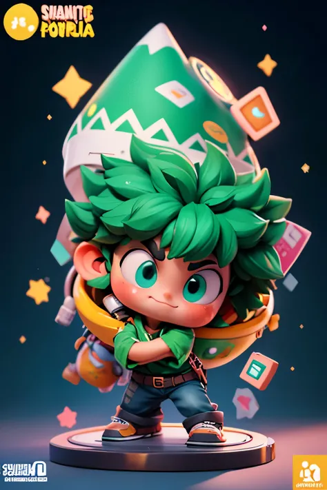 rua da cidade, Super bonitinho Izuku Midoriya full body 3D image, 1 unidade, bons olhos olhando, Olhos grandes, bonitinho, feliz, C4D, caixa cega pop mate, luz de rua brilhante, brinquedos, solid color background, Chibi, translucidez fluorescente, corpo lu...