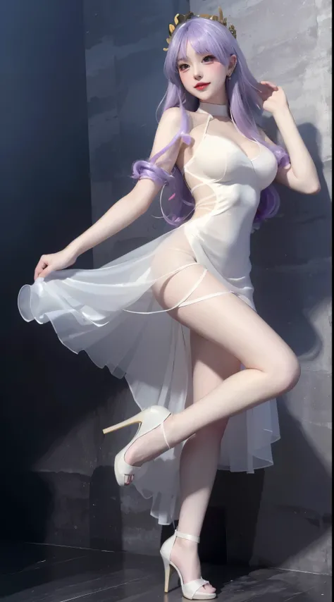 8k, Surreal, masterpiece, best quality, Super detailed, high resolution, random background, 1個Giant Breast Girl, (:1.5), Willow Yao, white dress，translucent，whole body，High heel白色透明婚纱，High heel，whole body，purple hair，light，Original God Thor