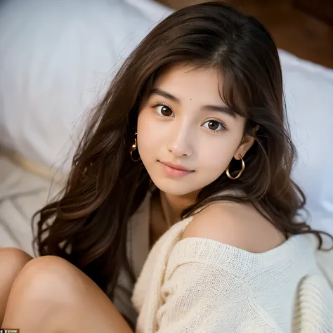 A girl with a bright face and perfect vaist sitting on a white bed with showing knees and bringing out her perfect boops naked and with dark brown hairs and a small golden earring with glow in his eyes.