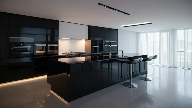 There is a kitchen in the middle of the room，There is a big island, Smooth lines and great power, dark kitchen, minimal kitchen, concept art. 8k, Luxury custom kitchen design, vray 8k rendering, LuxCore rendering, Stylish streamlined design, High quality r...