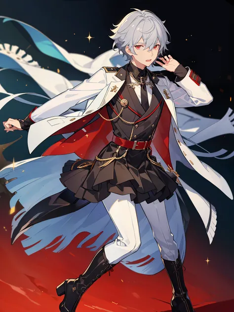 ((a boy)), silver hair, red eyes, ((idol costume)), long boots, ((individual)), ((military jacket)), ((high quality)), ((white s...