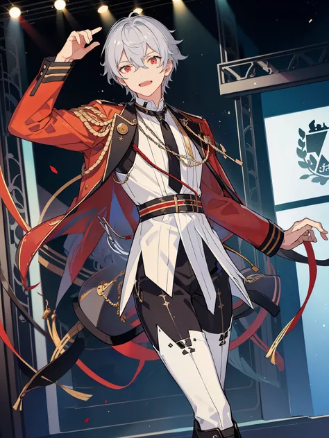 ((a boy)), silver hair, red eyes, ((idol costume)), long boots, ((individual)), ((military jacket)), ((high quality)), ((white s...