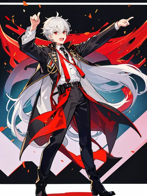 ((a boy)), silver hair, red eyes, ((idol costume)), long boots, ((individual)), ((military jacket)), ((high quality)), ((white shirt)), black tie
