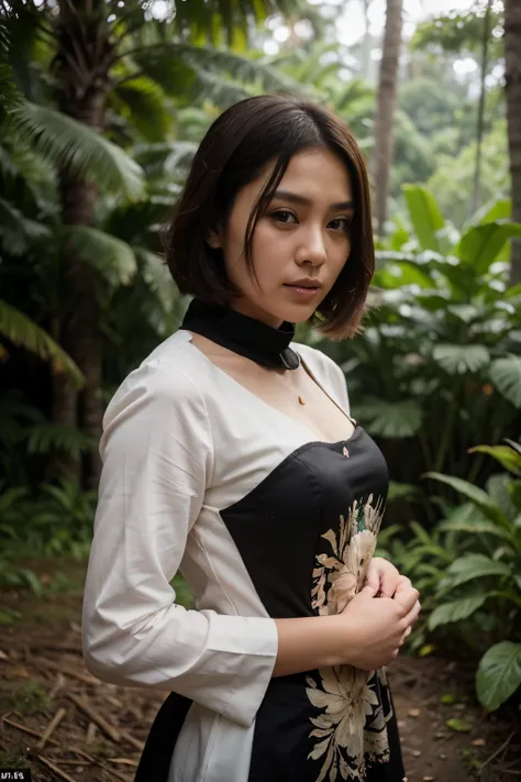 Teguh Gusmantara gadis indonesia, usia 18 tahun,  menggunakan kebaya sederhana,  rambut panjang terurai,  latar belakang hutan hijau