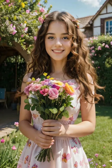 (best quality,realistic),cartoon face,beautiful detailed eyes,beautiful detailed lips,detailed face,girl,happy expression,curly hair,rosy cheeks,pink dress,holding a bouquet of flowers,standing in a colorful garden,green grass,bright blue sky,with butterfl...