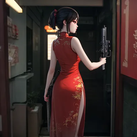 Close-up of a woman in a red dress holding a gun, GTA Chinatown art style, Popular topics on cgstation, cheongsam, Wong Kar Wai style, wearing a red cheongsam, Game CG, 3D CG, 3D CG, author：Lengmei, by Zou Yigui, inspired by Fenghua Zhong