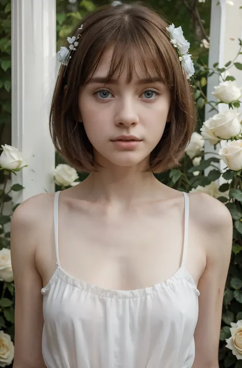 (best quality,hyper-realistic,ultra-detailed,8k), teenager, fifteen years old, shy, sad, paleness, big blue eyes, very white skin, small nose, short brown hair with bangs, melancholy, delicate, feminine, skinny body, garden of thousand white roses, Eiffel ...