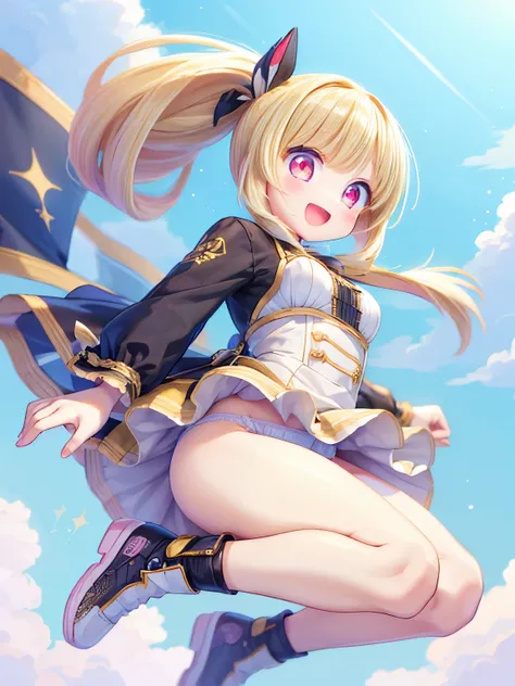 (masterpiece:1.2) , (best quality:1.2) , (ultra-detailed:1.2), 2.5D,extremely detailed,anime,girl,blonde hair,side ponytail,BREAK,red eyes,BREAK,sky,(jumping:1.4),wind lift,White  panties,from below,smile,:d