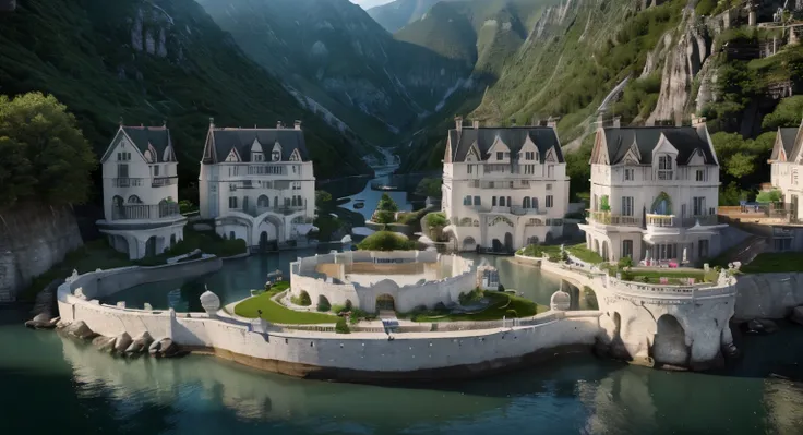 (best quality,4k,8k,highres,masterpiece:1.2),ultra-detailed,(realistic,photorealistic,photo-realistic:1.37),cinematic,beautiful,distant,arial,dwarf town,dwarf houses,waterways,huge white marble palace