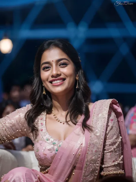 a close up of a woman in a pink sari smiling, india, pretty face!!, candid picture, pastel, big smirk, jayison devadas, beautiful and smiling, lovely smile, candid shot, she is smiling and excited, innocent look, details galore, ritu kumar, expressive!!!!!...