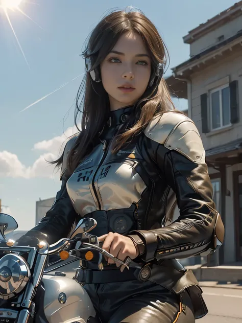 (((A woman with a mechanized body))), (realistic:1.5), 8k, super delicate beauty, 1 girl, (a sunny day:1.5), intricate body details, (highest quality: 1.0), (Super high sharpness: 1.0),（Beautiful and delicate depiction of eyes）,(((ride a motorcycle:1.4))),...