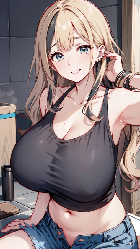 sagging breasts,mature female,huge breasts, gigantic breasts, (((face focus))),solo,grin,cowboy shot,gyaru,((nagatiti)),eyeshadow,lip,Shiny eyelashes,blonde hair, (((two-tone hair))),piercing, tatto,Black tank top, navel, plaid open shirt,toilet,long wavy ...