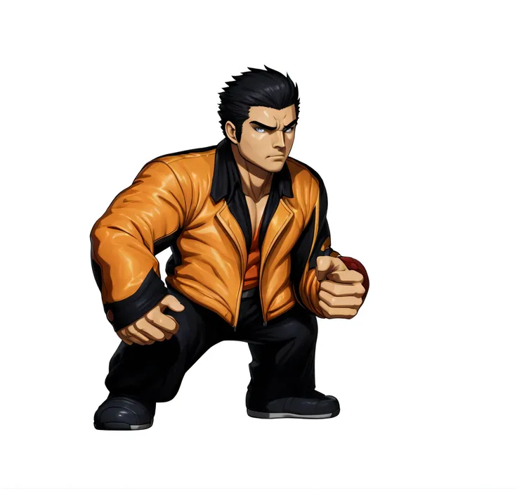 Man cartoon wearing suit and black pants,  strong muscles，texture，light and shadow，slope，4k，3d，struggleing pose, struggleing game character, struggle pose, character from king of struggleers, struggleer pose, struggleing stance, wearing orange clothes) str...