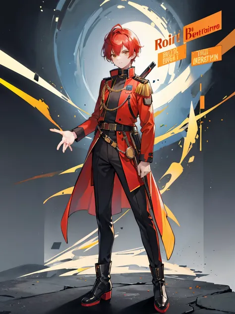 ((a boy)), iridescent red hair, amber yellow eyes, ((idol costume)), long boots, ((individual)), ((military jacket)), ((high quality))