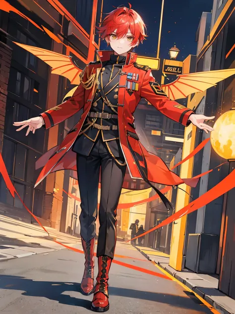 ((a boy)), iridescent red hair, amber yellow eyes, ((idol costume)), long boots, ((individual)), ((military jacket)), ((high quality))