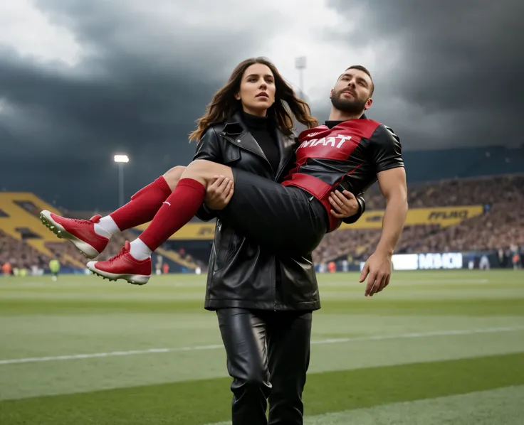 beautiful woman in very shiny black leather, A woman carries a man, a man is carrie by a woman, big and beautiful woman carries the wounded mans body in her hands, Andrea grabs his legs and his body with her hands, the bearded man in Andreas arms is visibl...