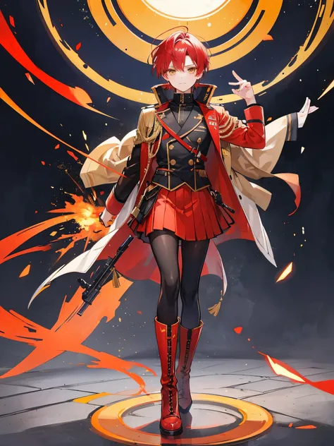 ((a boy)), iridescent red hair, amber yellow eyes, ((idol costume)), long boots, ((individual)), ((military jacket)), ((high quality)), ((skirt))