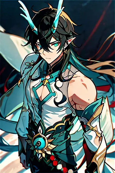 Yinyuejun(Character),dragon1(Features),Blurred background,the woods,Backlight,River,spray,One-handed up,Floating on the surface of the water,The vast starry sky,the woods,abdominals、pectoral muscles、One muscular boy、独奏