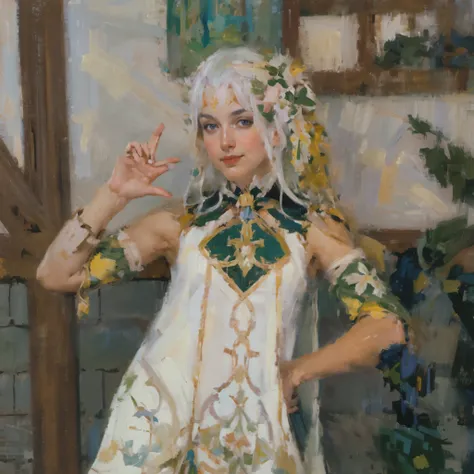 arafed woman in a white dress with green and gold accents,a masterpiece on canvas in the style of claude monet, a middle-aged br...