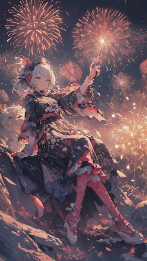 ((Fireworks Master)),Mainly composed of fireworks，Fireworks display beyond imagination，innocent smile、never seen、seven colors,(1 girl, alone:1.6),(cute smile),(The clothing is simple), (best impact:1.5), (maximalism:1.7), vivid contrast, (realistic), 超real...