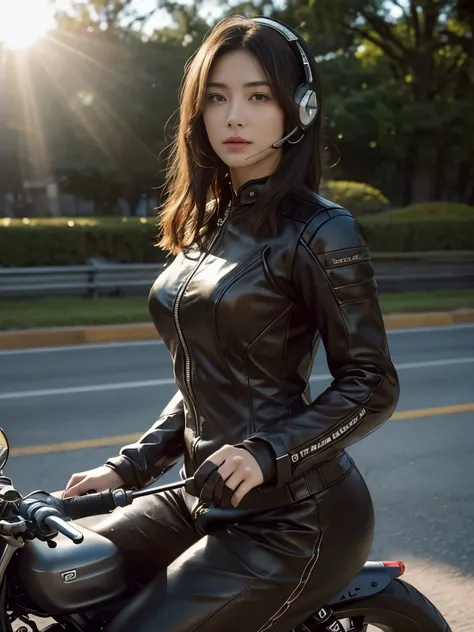 (((A woman with a mechanized body))), (realistic:1.5), 8k, Super delicate beauty, 1 girl, (a sunny day:1.5), intricate body details, (highest quality: 1.0), (Super high sharpness: 1.0),（Beautiful and delicate depiction of eyes）,(((ride a motorcycle))),unre...