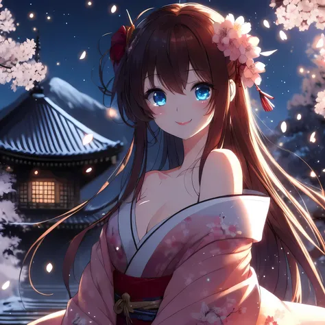 Anime girl wearing kimono，flowers on hair，blue eyes, anime style 4k, Beautiful anime girl, Beautiful anime, anime wallpaper 4k, anime wallpaper 4k, 4k anime wallpaper, Beautiful anime portrait, Anime Art Wallpaper 4k, Anime Art Wallpaper 4k, Beautiful anim...