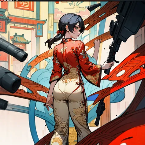 there is a woman in red holding a gun, gta chinatown art style, back view，back view，back view，butt close-up，wearing a red cheong...