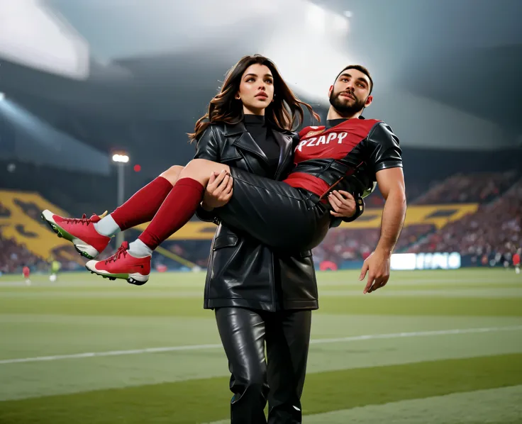 beautiful woman in very shiny black leather, A woman carries a man, a man is carrie by a woman, big and beautiful woman carries the wounded mans body in her hands, Andrea grabs his legs and his body with her hands, the bearded man in Andreas arms is visibl...