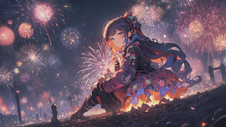 ((Fireworks Master)),Mainly composed of fireworks，Fireworks display beyond imagination，innocent smile、never seen、seven colors,(1 girl, alone:1.6),(cute smile),(The clothing is simple), (best impact:1.5), (maximalism:1.7), vivid contrast, (realistic), 超real...