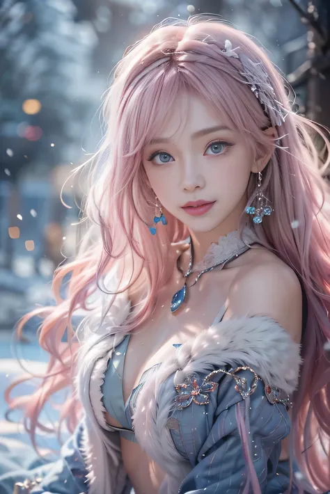 (photorealistic:1.8, highest quality:1.8,8K masterpiece:1.8,High resolution,muste piece:1.8),snow mountainに立つ1人の23歳の女性,fantasy,(cabaret club miniskirt dress、Transparent Shawl、Elegant earrings、choker), beautiful detailed blue eyes:1.7,double eyelid:1.6,beau...