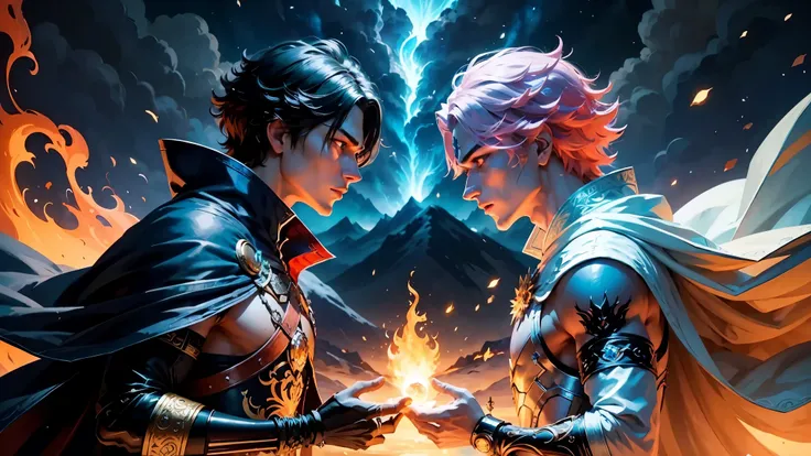 Beautiful scenery spreads out in front of you: king of two men, One is a fire magician、The other is an ice magician., stand in line. They radiate a magical aura when channeling elemental power。, Create mesmerizing displays where fire and ice intertwine。. T...