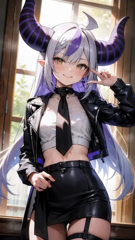 NSFW,((Laplace Darkness)), ((masterpiece)), (High resolution:1.3), (professional photography:1.2), (smiling face), leather, Silky long hair, earrings, leather jacket, thigh strap, colorful hair, jewelry, put your hand on your waist, shirt, open jacket, abd...