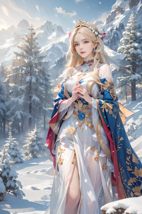 (photorealistic:1.8, highest quality:1.8,8K masterpiece:1.8,High resolution,muste piece:1.8),snow mountainに立つ1人の23歳の女性,fantasy,(transparent mini dress、Transparent Shawl、Elegant earrings、choker), beautiful detailed blue eyes:1.7,double eyelid:1.6,beautiful ...