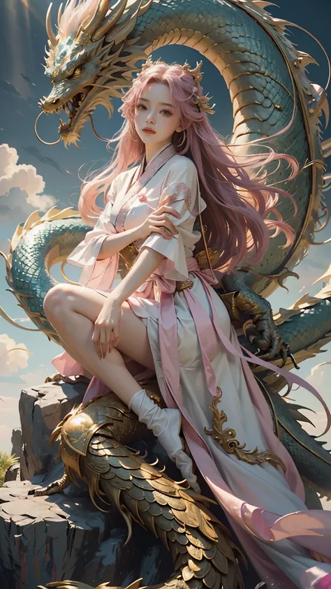 masterpiece，high quality，best quality，official art，Beauty and Aesthetics，epic，Super detailed，Surreal，a girl,(girl sitting on dragon)，Pink Hanfu，golden dragon，dynamic poses，looking at the audience，in the cloud，surrounded by white clouds，Xiangyun，charming co...