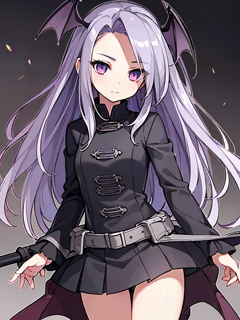 (highest quality, High resolution, super detailed, realistic:1.37), long gray hair, bright purple eyes, adorable height, like々new look, Black trench coat,  branched dragon horn,low length,Bat wings growing from the waist,Show your forehead with your hair b...