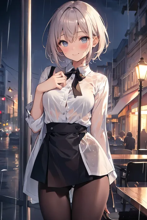 (8k, top quality, masterpiece: 1.2), (realistic, photorealistic: 1.37), super detailed, girl 1 person, 17 years old, solo, small breasts, beautiful detailed sky, detailed café, night, (blush), (smile: 1.15), (closed mouth), small, (shirt with collar: 1.1),...