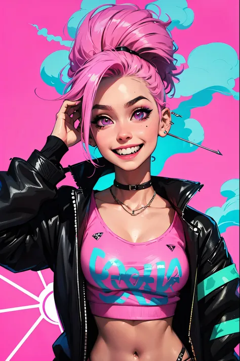 punk girl, psycho laugh, arms on back stays hidden, pink neon cyan colored hair, lust, round ass, shows open smile sharp teeth, fadecut pink neon cloud style hair, tattoos on hands and neck, piercing, black mixed pink striped sweater, cool badass pose, smo...