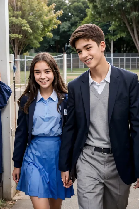 High school students both girl and boys are going out the gate for home time, they are wearing blue school uniform, some students are smiling excited to go home, some students are with their best friends, some students with their girlfriend or boyfriend wa...