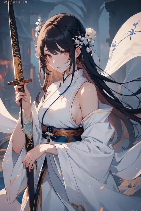 a close up of a woman with a sword in a white dress, a character portrait by Yang J, trending on cgsociety, fantasy art, beautiful character painting, artwork in the style of guweiz, guweiz, white hanfu, flowing white robes, full body wuxia, epic exquisite...