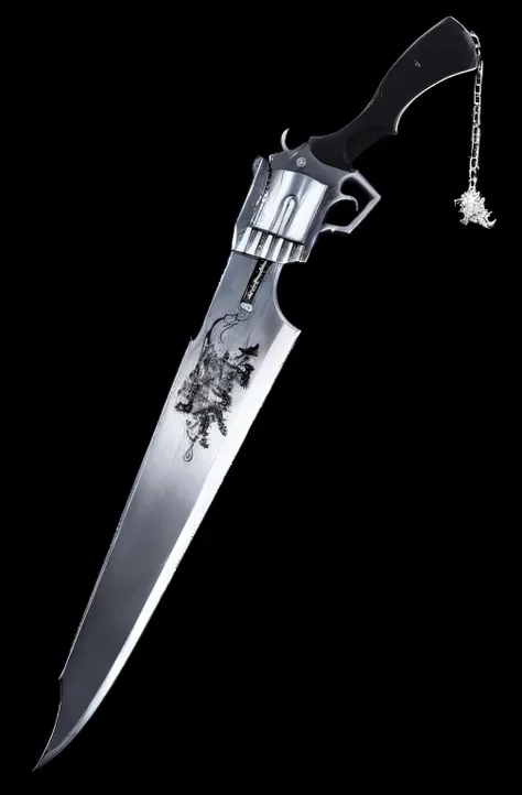 a close up of a knife with a chain hanging from it, buster sword, chainsaw sword, chainsaw sword katana, engraved blade, beautiful sword, chainsword in the other, swinging reflective katana, huge oversized sword, huge sword, armored sword blade, hyper deta...