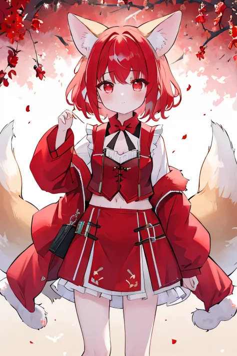 1 girl, on open air, scarlet hair, Scarlet eyes, curls hanging, short hair, Fennec breed, ears slightly curled, tail,red vest top